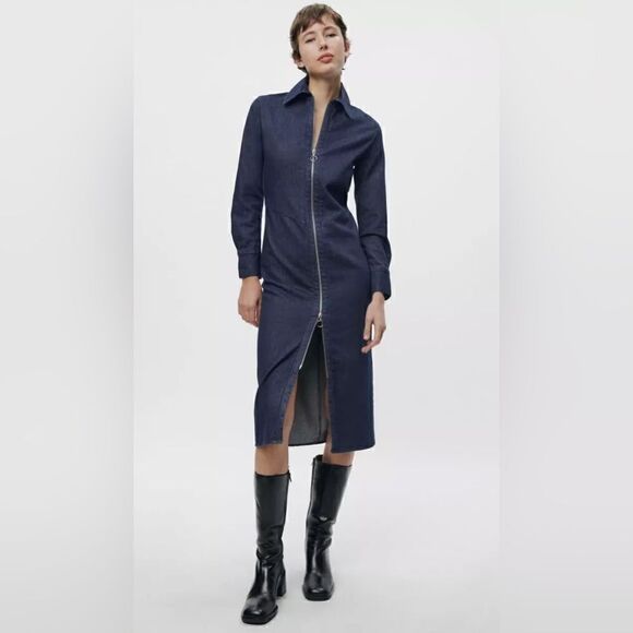 ZARA ZIPPERED DENIM DRESS - Picture 1 of 6